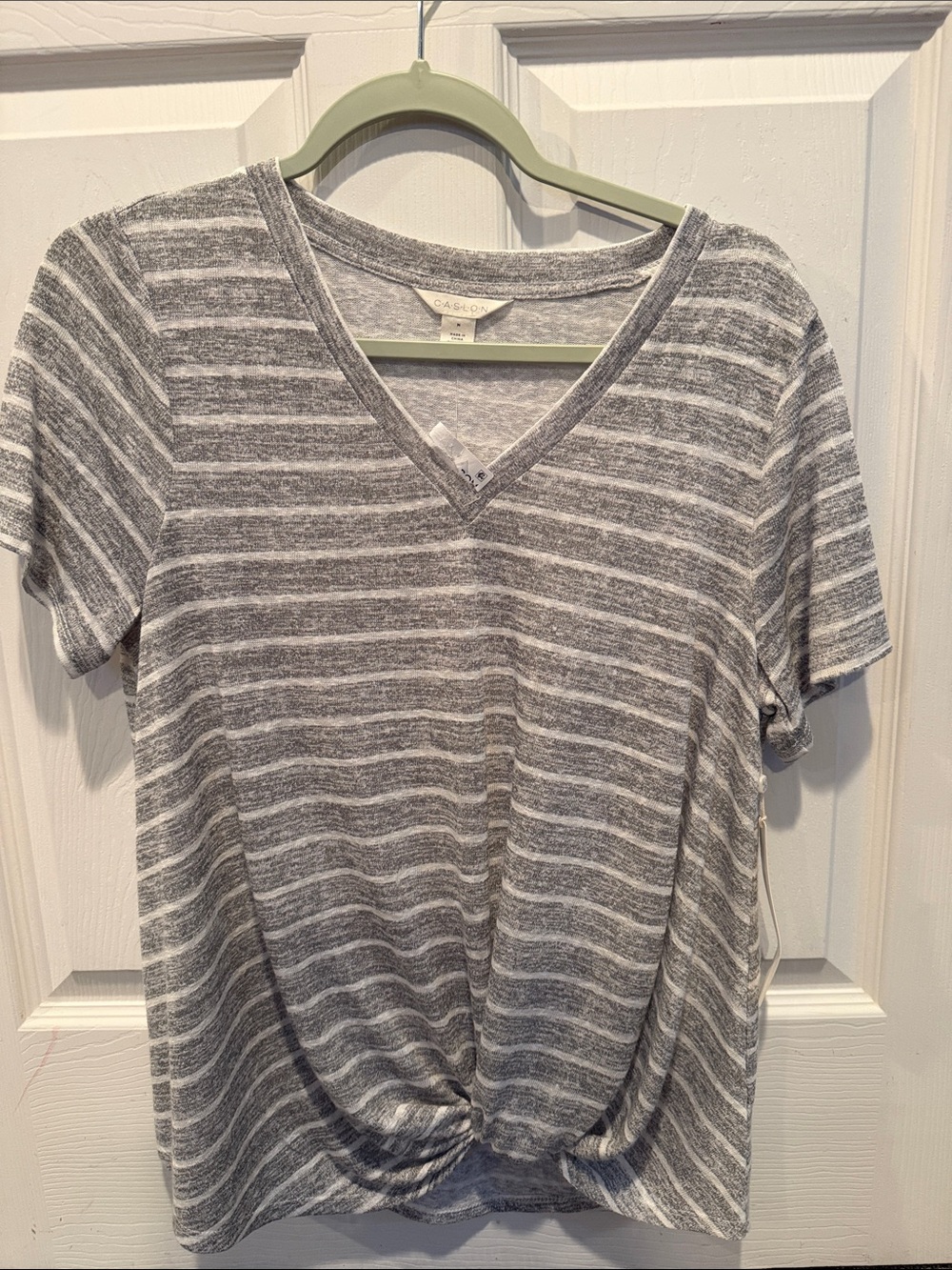 Caslon Gray & White Striped V-Neck Short Sleeve Knot Tee